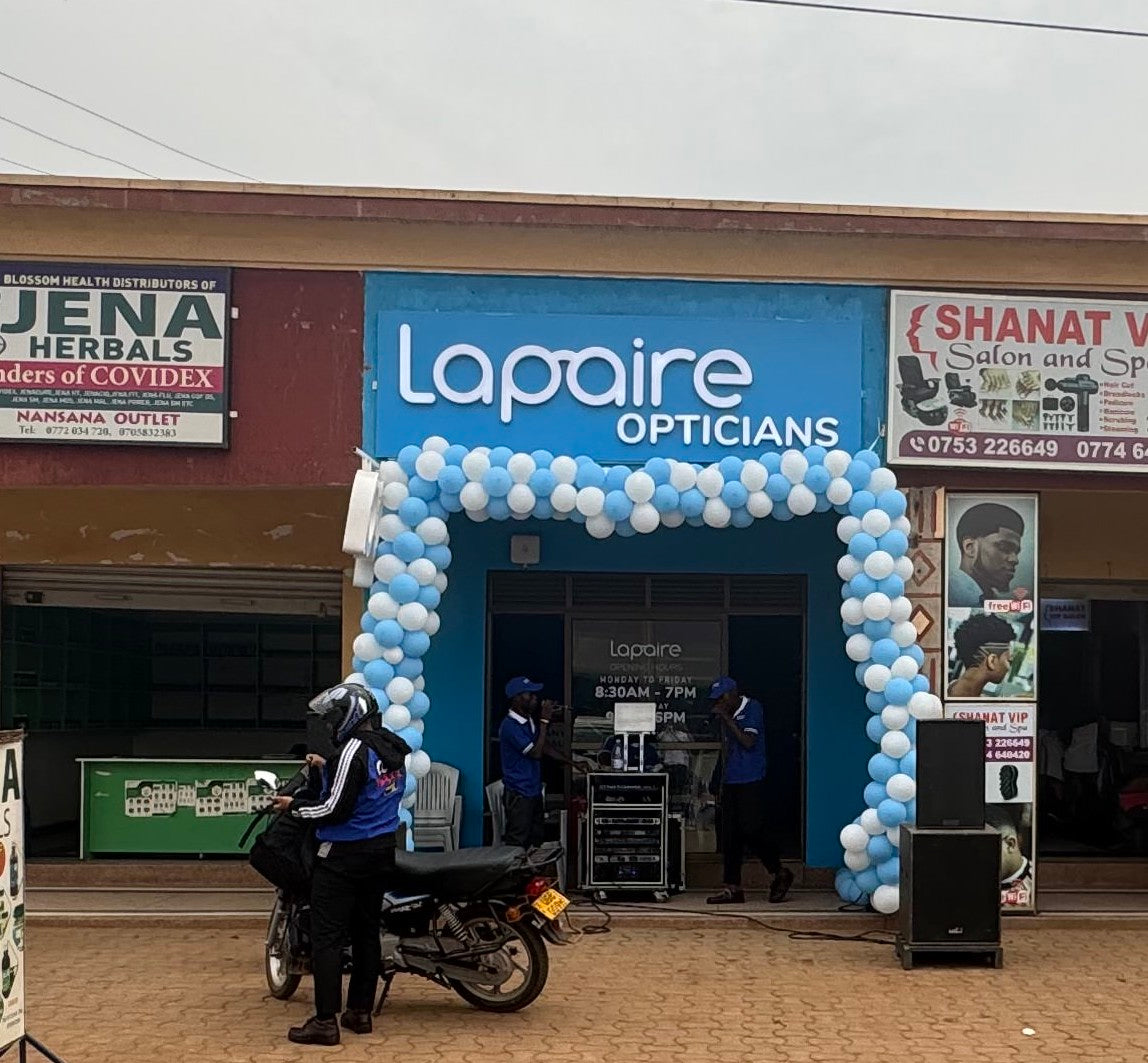 Exterior view the branch of Lapaire Nansana Uganda with a blue signboard